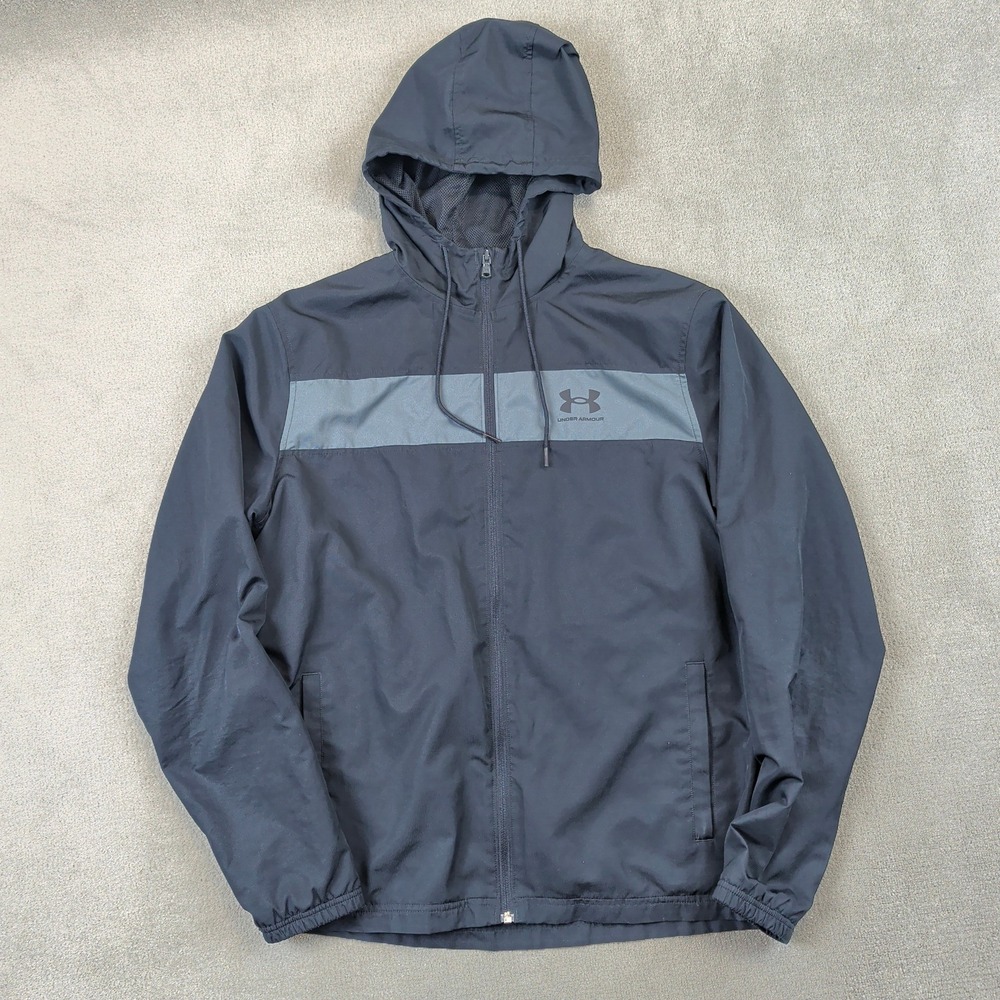 Under Armour Windbreaker Jacket Mens Large Black Grey Stripe Hooded Full Zip UA